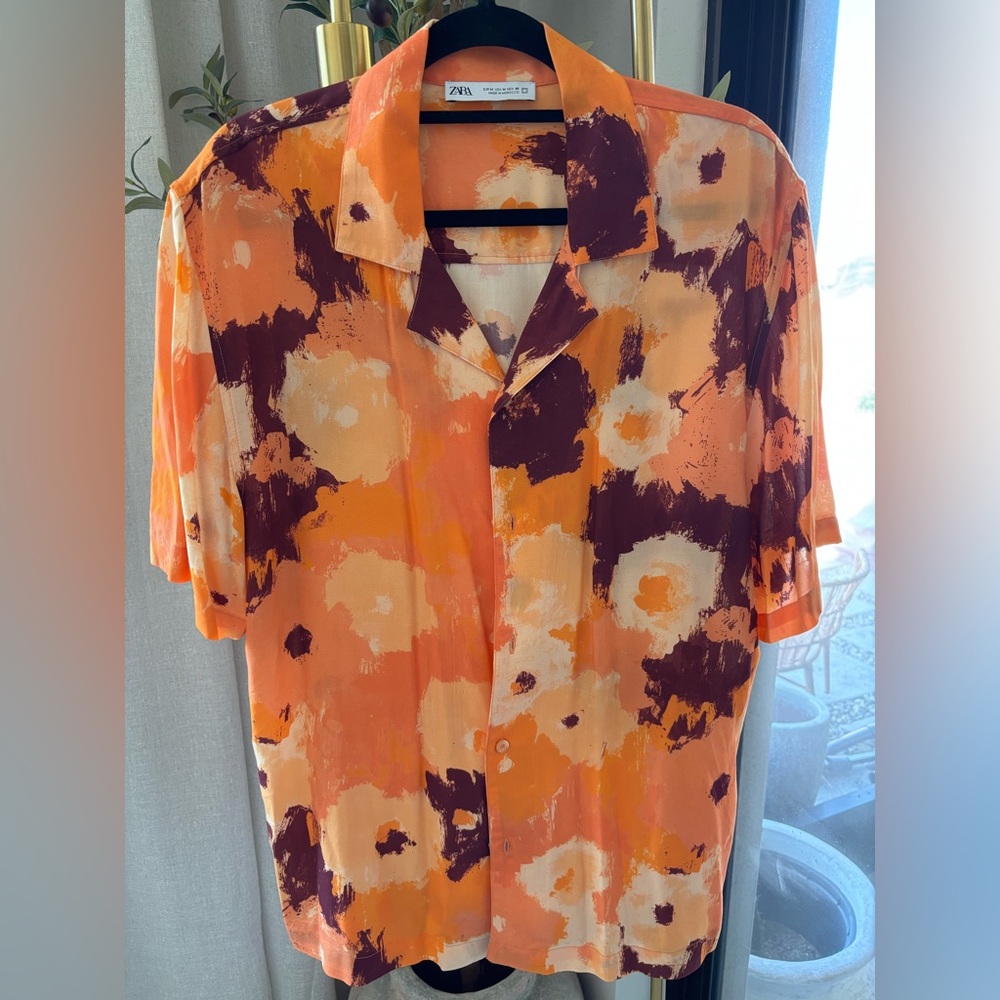 Zara Men's Abstract Orange and Burgundy Shirt